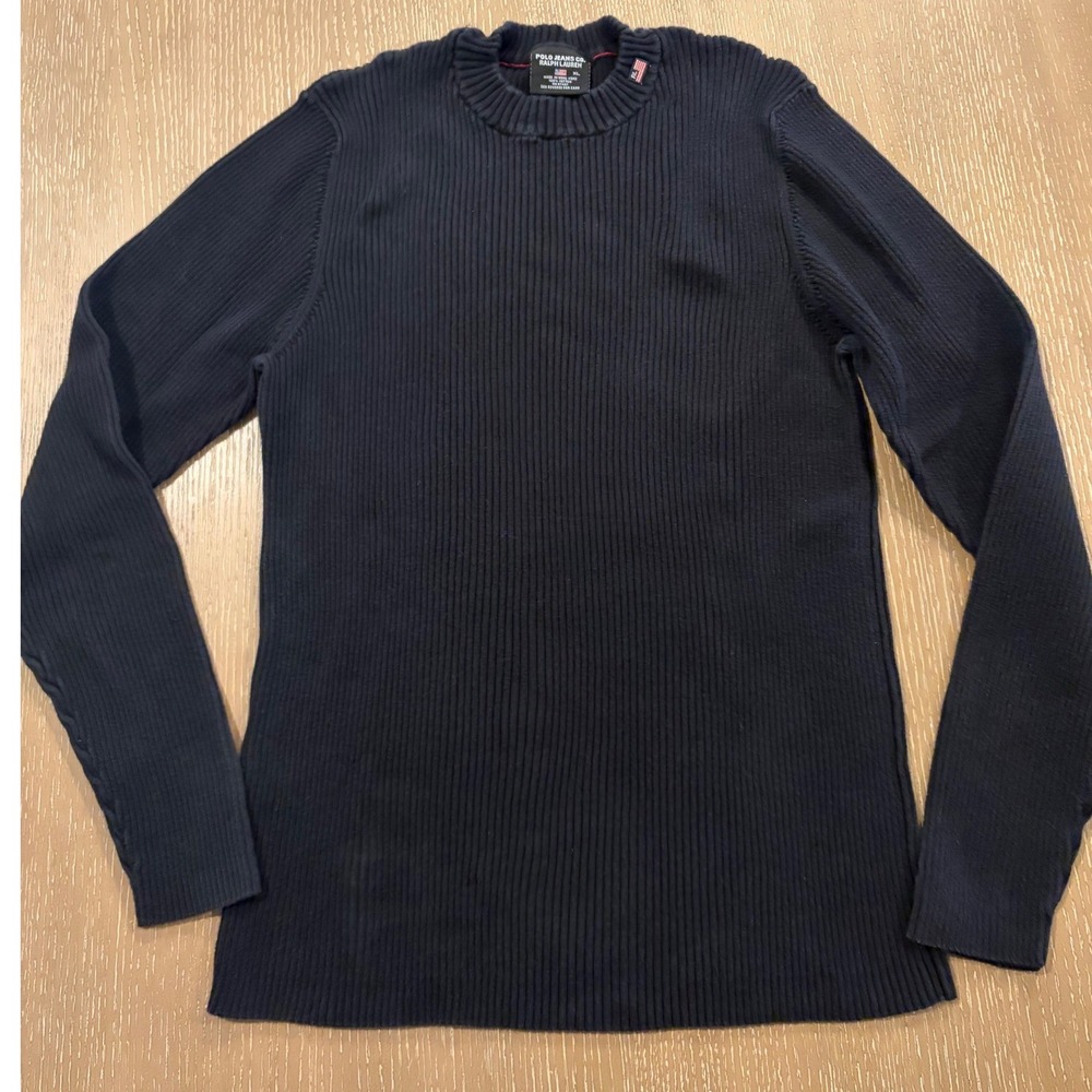 Polo Jeans Co Ralph Lauren Sweater Mens XL Black Ribbed Knit Crewneck Cotton VTG
